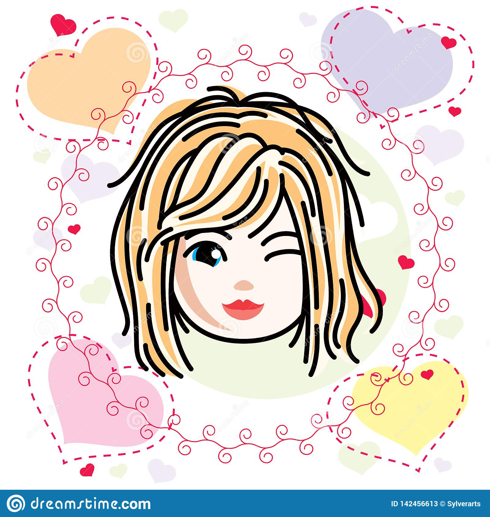 Vector Illustration Of Beautiful Blonde Happy Girl Face, Positive.