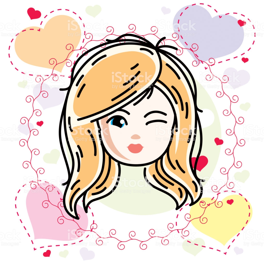 Vector Illustration Of Beautiful Blonde Happy Girl Face Positive.