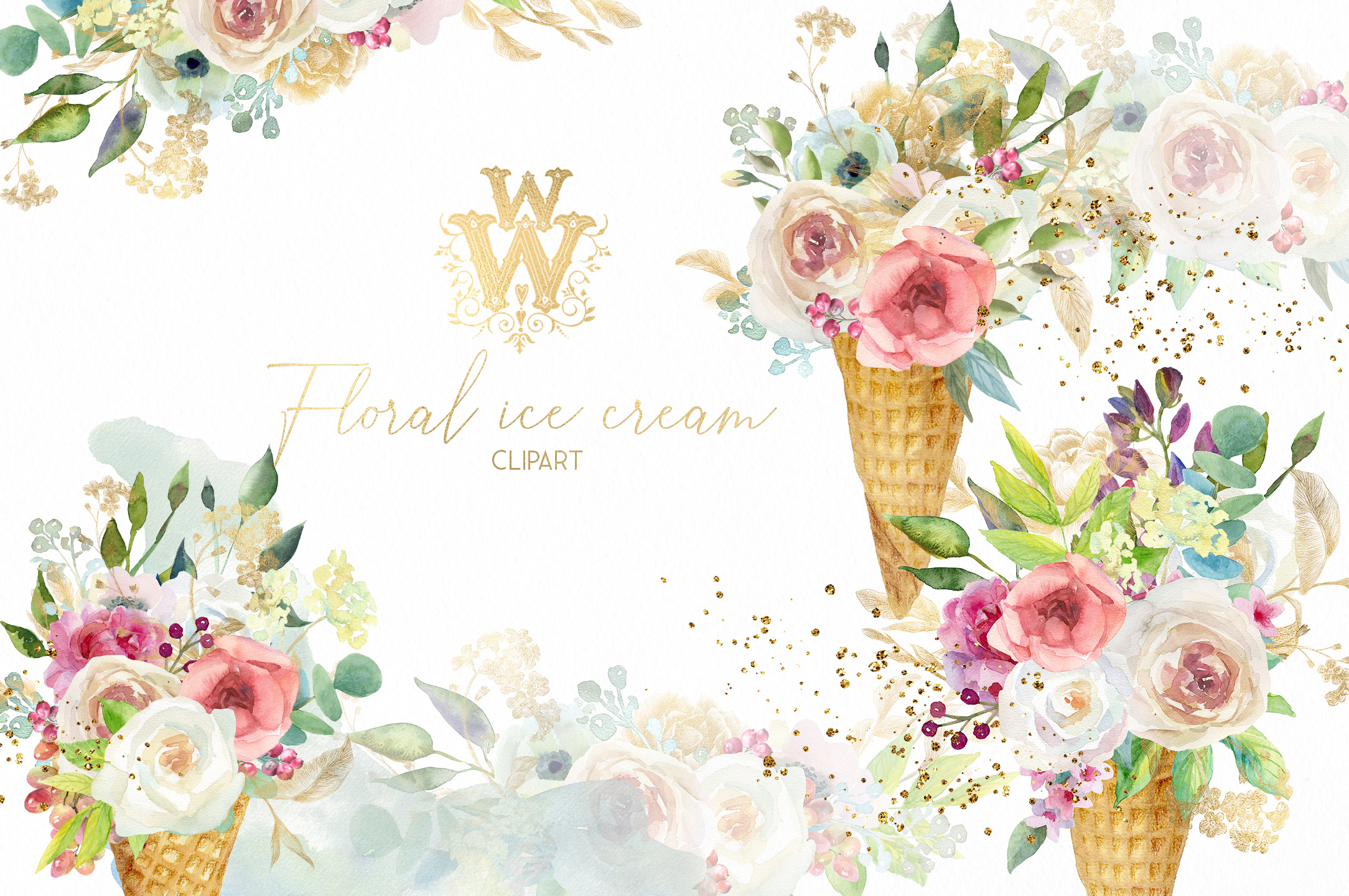 Watercolor floral Ice cream clip art, wedding clipart bridal.