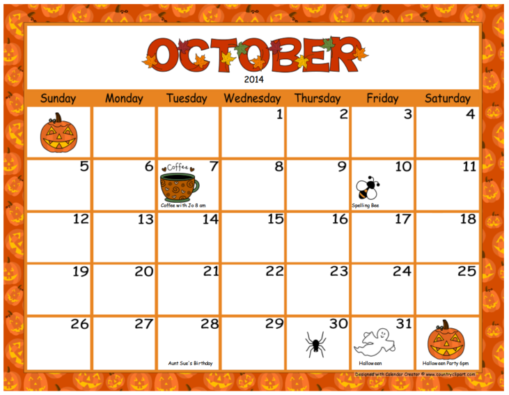 October Calendar Printable for Kids clipart.