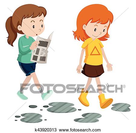 Girls walking with careless and careful steps Clipart.