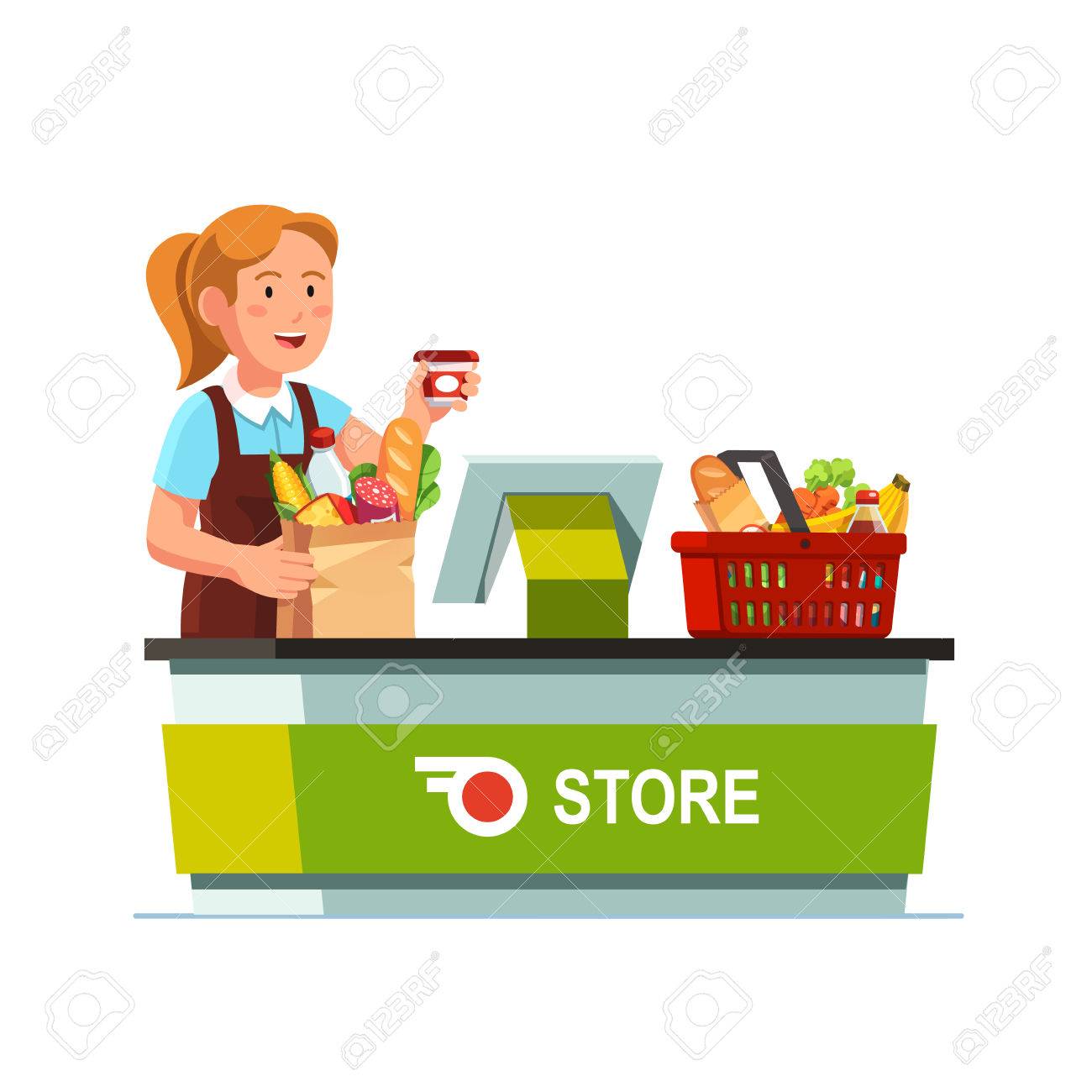 Cashier girl working at grocery store checkout counter. Sales...