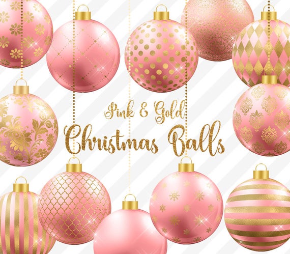 Pink and Gold Christmas Balls Clipart, Christmas Baubles, Christmas  Ornaments, gold and pink christmas tree decoration graphics.