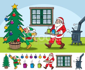 Christmas Scene with Santa Claus and Elf Clipart Image.