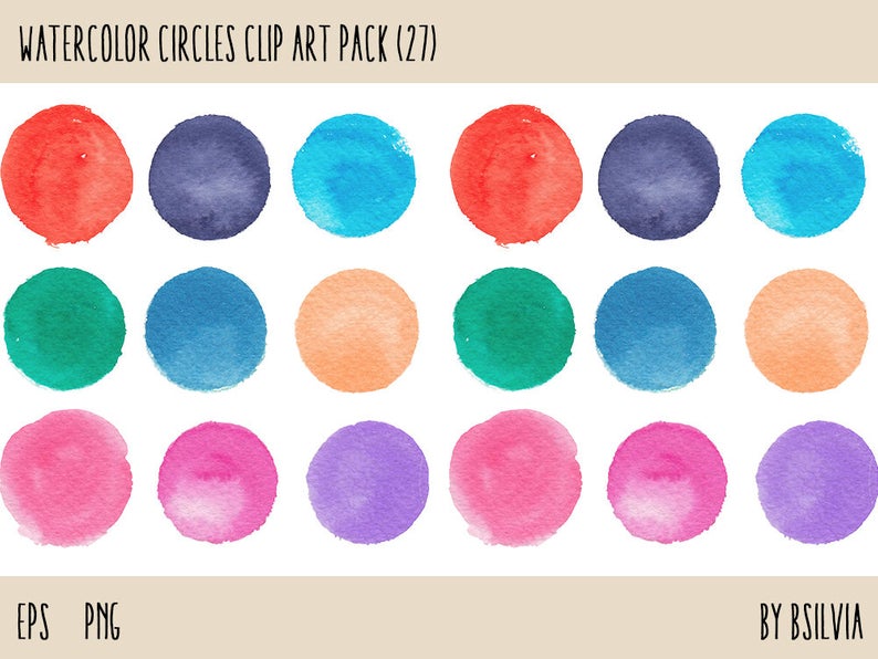 Watercolor clipart circles (27 pc), handpainted round clip art design  elements for commercial use.
