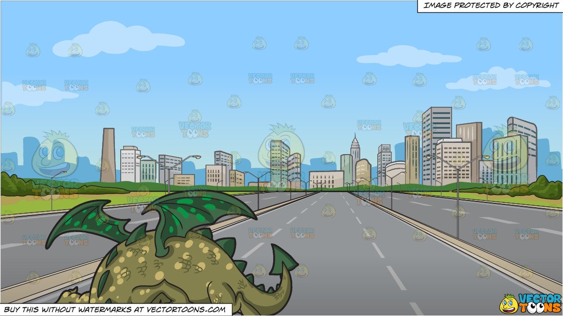 A Friendly Dragon and A Highway Leading To The City Background.