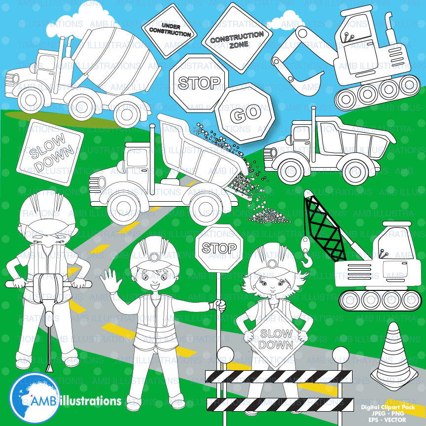 Construction digital stamp, Construction site clipart, coloring page, black  and white line, construction kids, digital stamp, AMB.