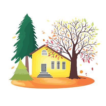 Autumn countryside. Illustration with rustic house, seasonal.