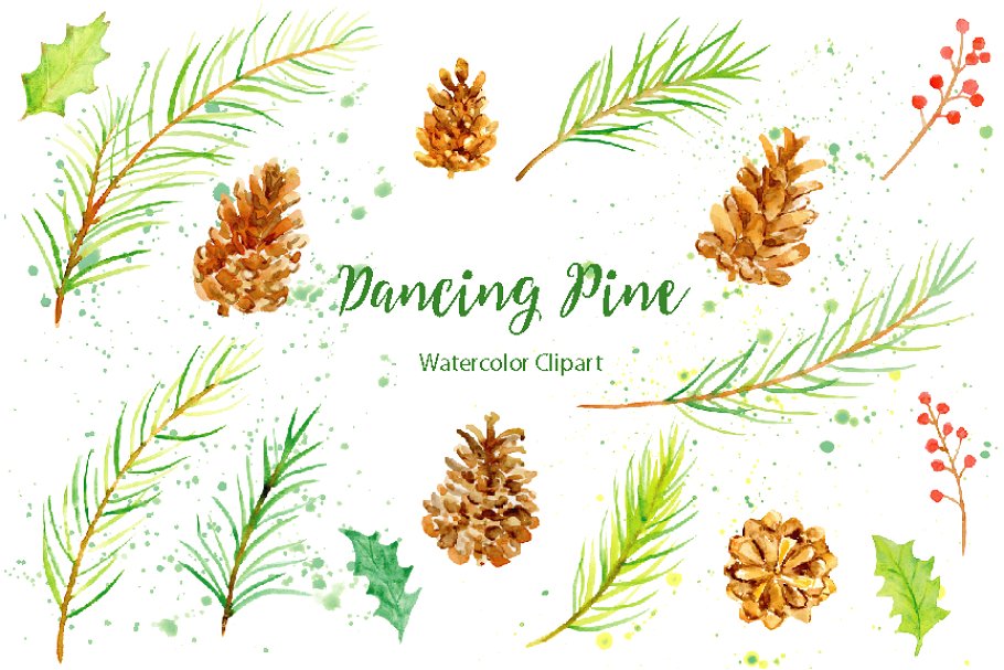 Watercolor Clipart Dancing Pine.
