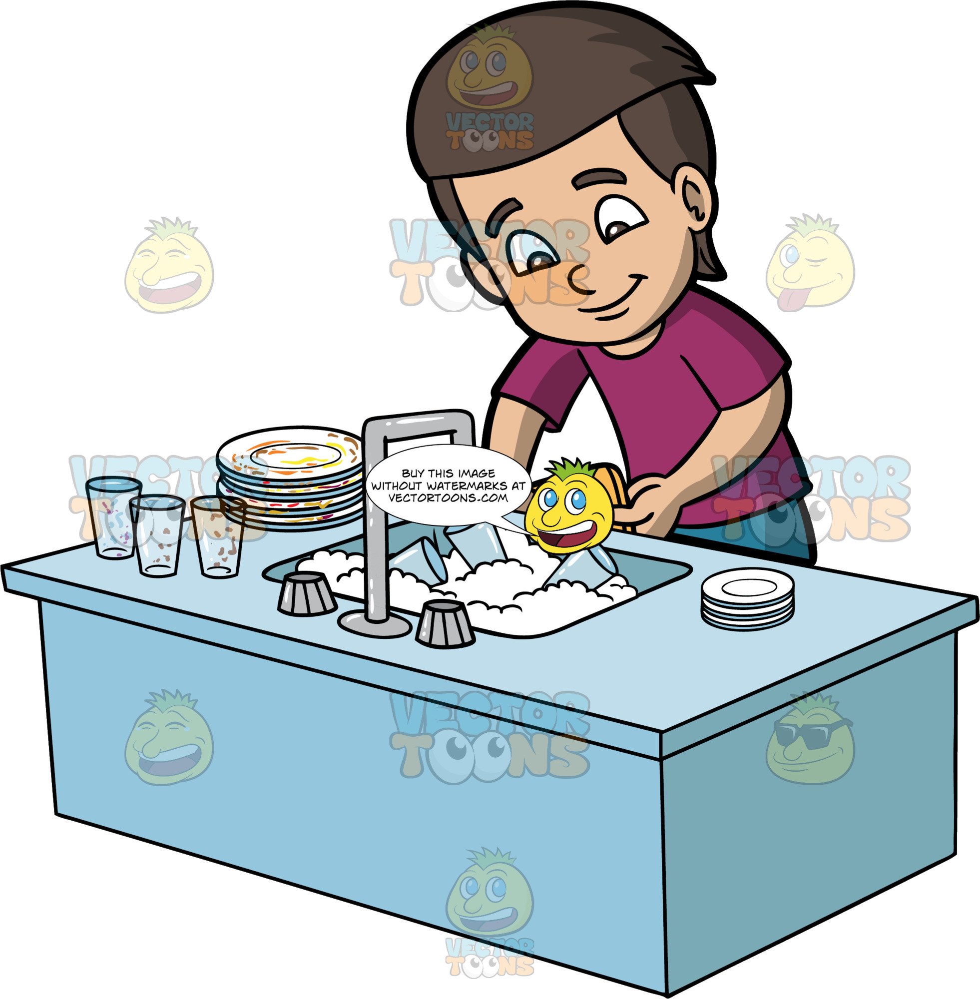A Boy Washing Dirty Dishes.