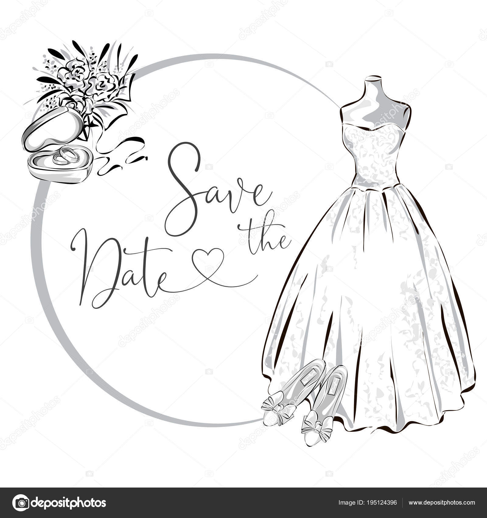 Wedding clipart set with wedding dress, flowers and wedding rings.