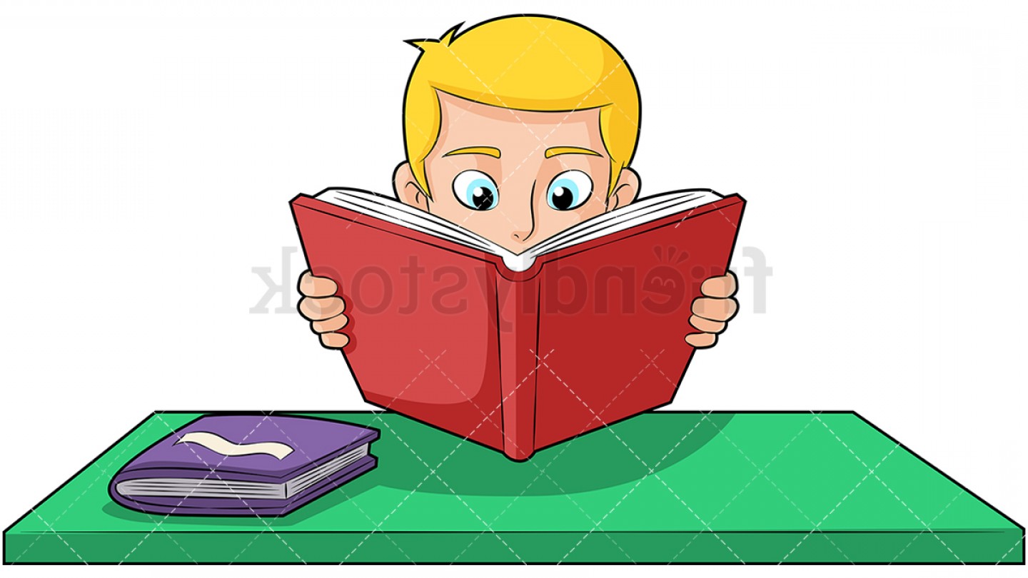 Blonde Boy Eagerly Reading Book Studying Vector Clipart.