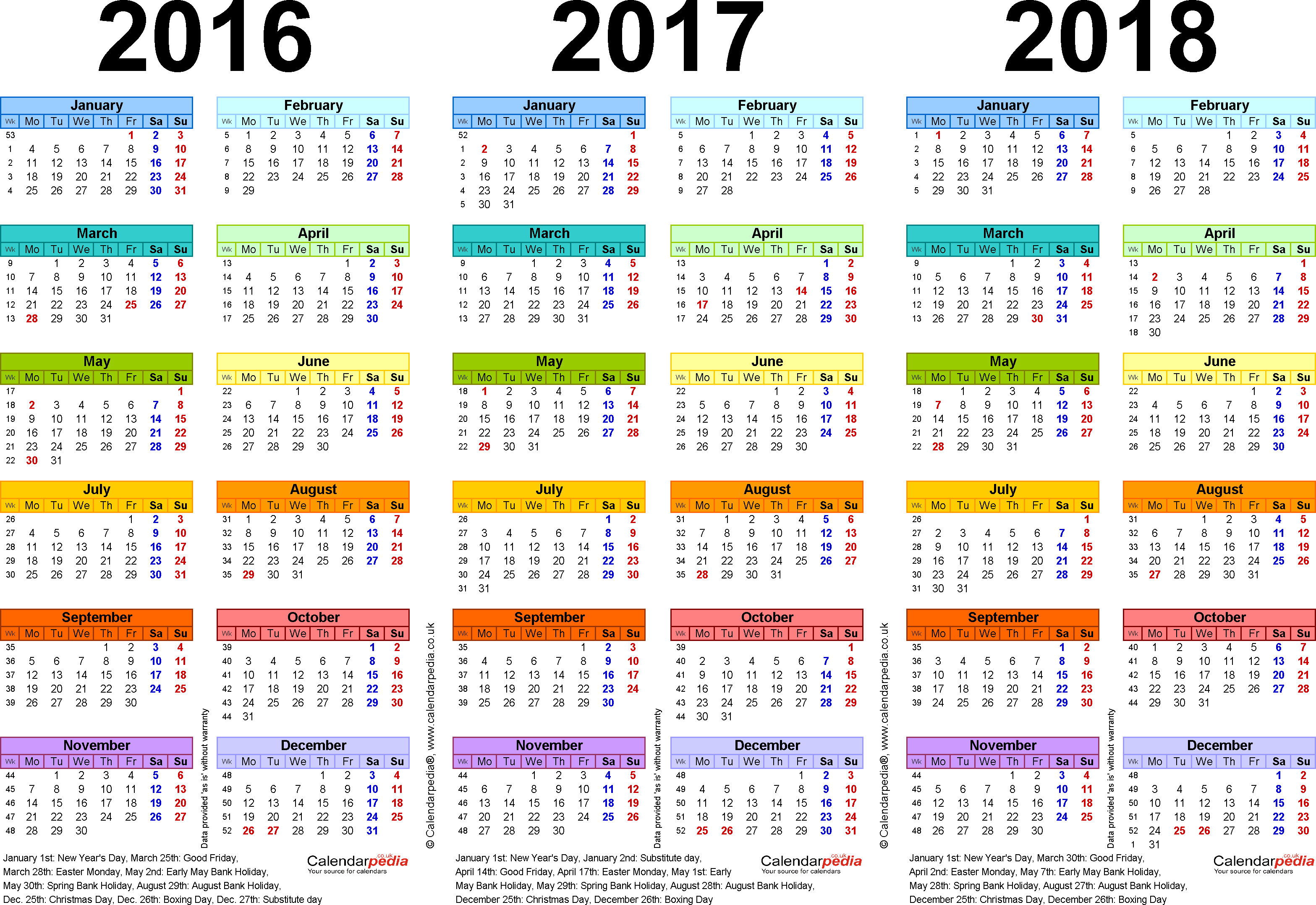 Template 1: PDF template for three year calendar 2016/2017.