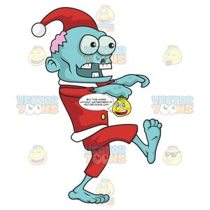 Zombie Santa With Blue Skin And Brain Exposed.
