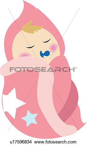 Clipart of eyes closed, newborn, swaddling clothes, pacifier.
