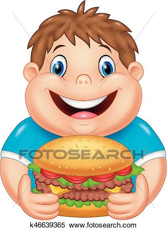 Cartoon fat boy eating big burger Clipart.