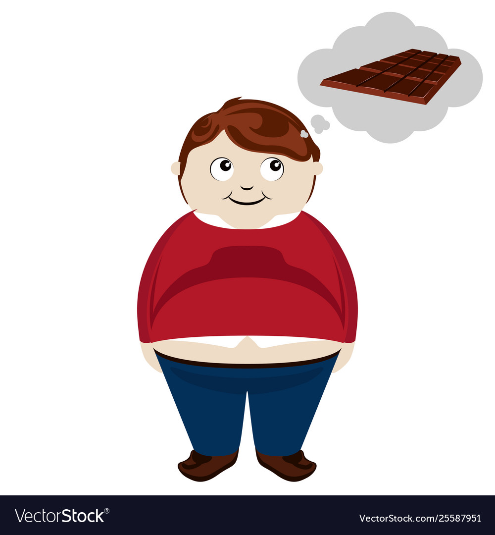 Fat boy thinking a chocolate bar.