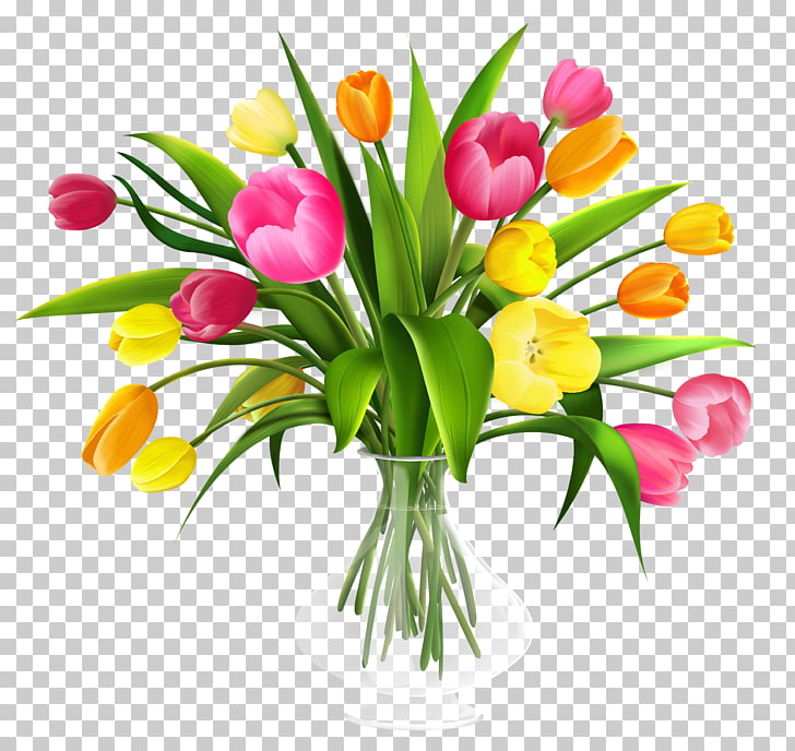 Tulip Flower bouquet , Vase with Tulips , yellow and pink.