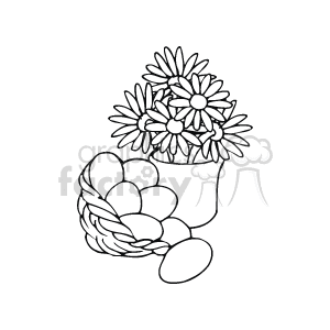 Black and White Eggs in a Basket and Flowers in a Small Cup clipart.  Royalty.
