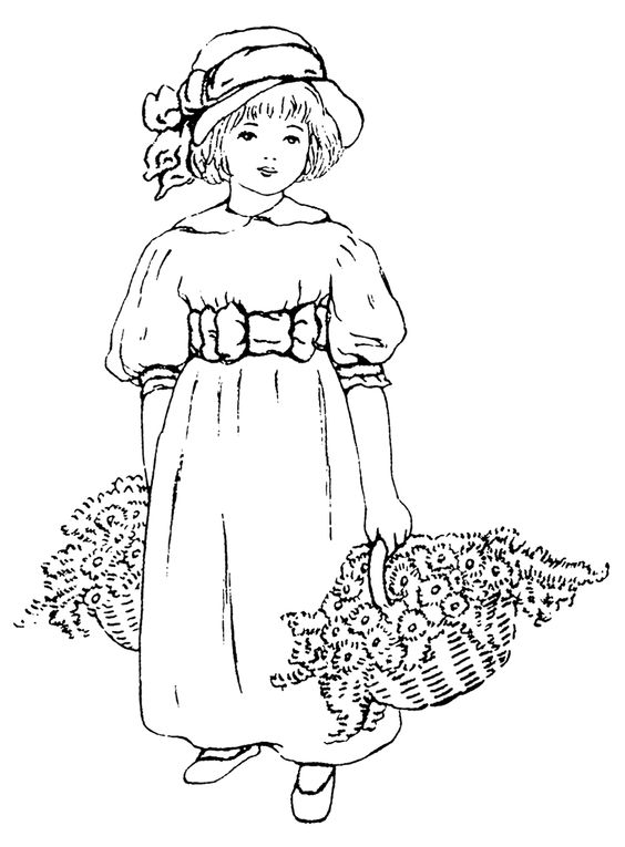 Black white clip art ~ little girl with baskets of flowers.