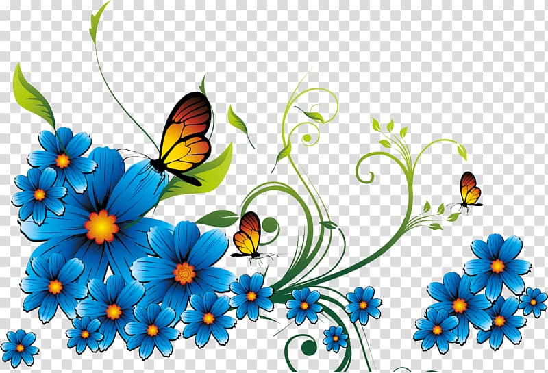 Three brown butterflies beside flowers , Borders and Frames Blue.