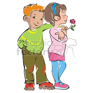 Boy with arm around girl holding a rose clipart. Royalty.
