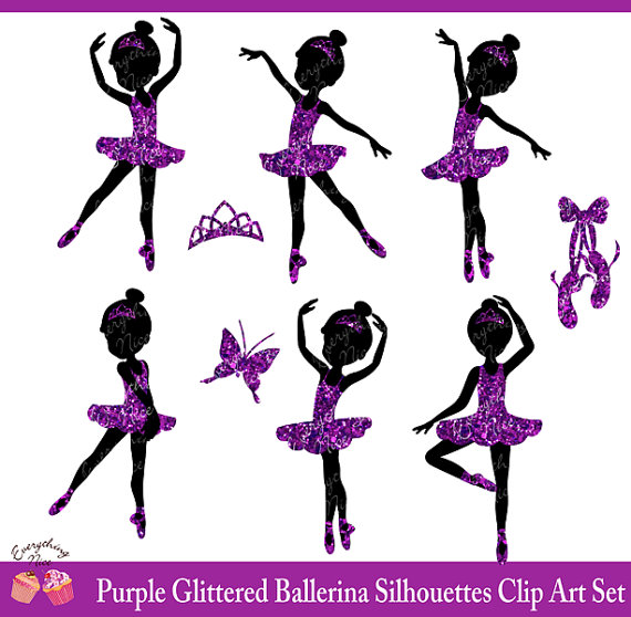 Purple Glittered Ballerina Silhouettes Clipart by.