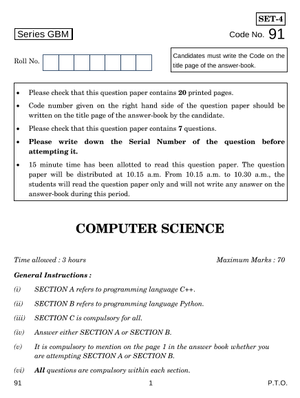 Previous Year Computer Science Question Paper for CBSE Class.