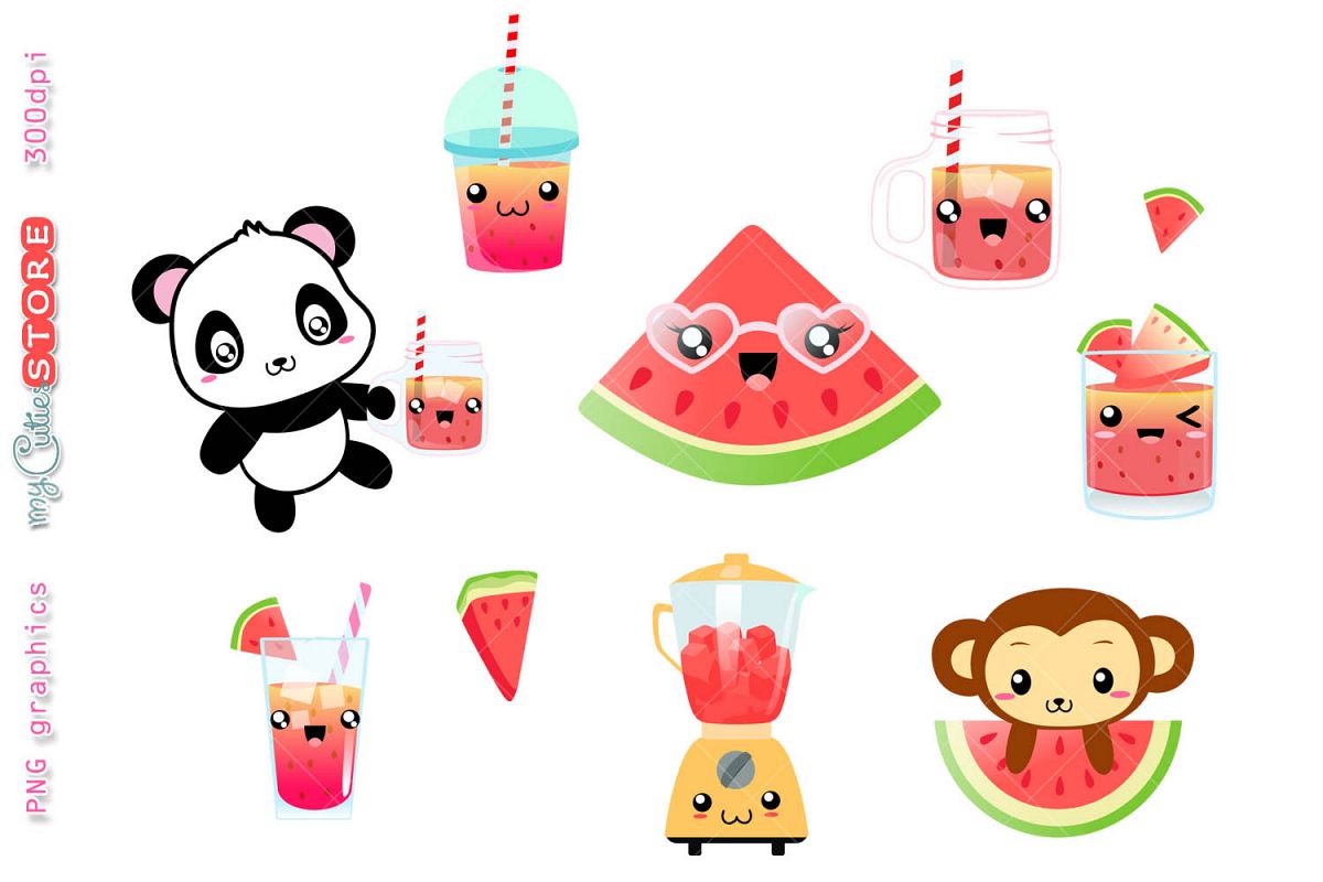 Watermelon kawaii cold drinks, panda with smoothie jar, cute monkey  watermelon, summertime clipart great for planner stickers, crafts, mugs..