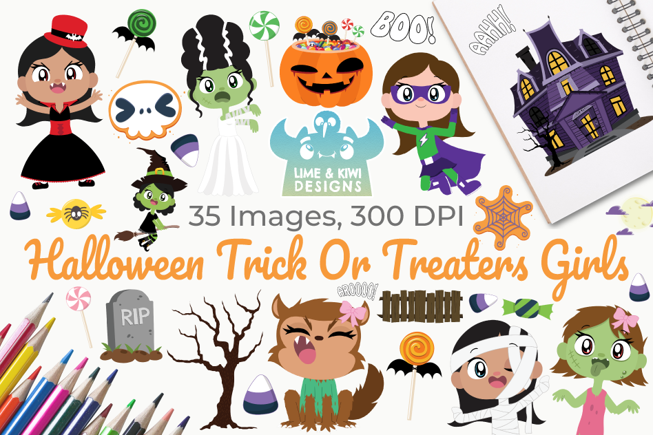 Halloween Trick Or Treaters Girls Clipart, Instant Download.