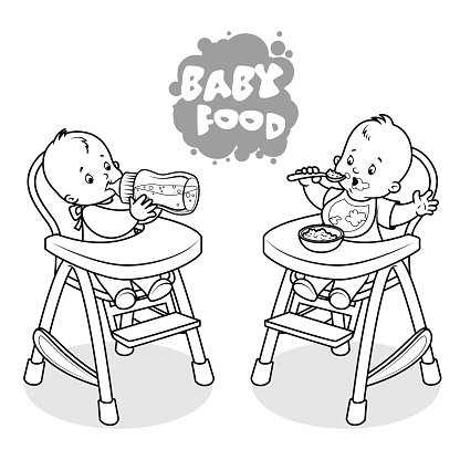 Two kids in baby highchair. Clipart Image.