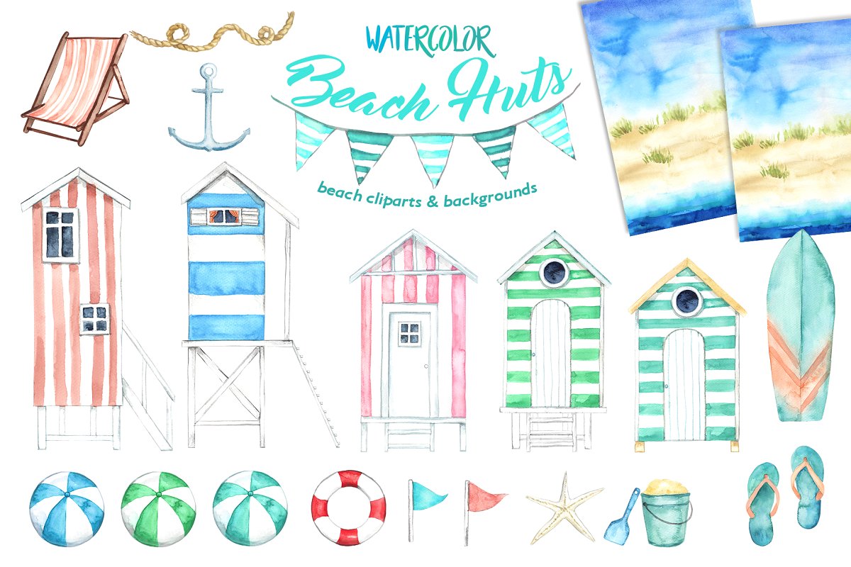 Watercolor Beach Huts.