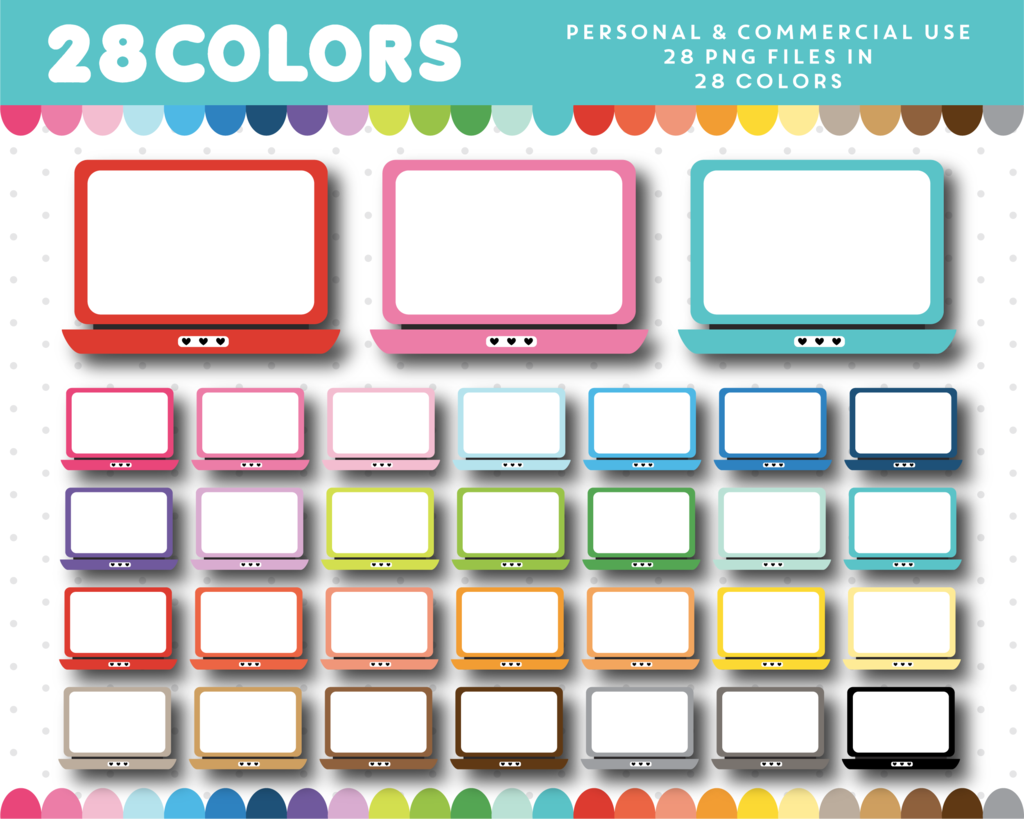 Computer laptop clipart in 28 colors, CL.