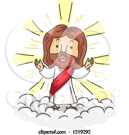 Clipart of a Cartoon Jesus Christ Walking on Clouds.