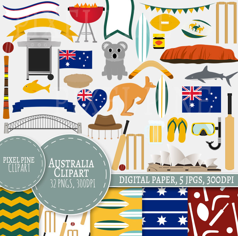 Australia Clipart, Aussie themed clipart, 33 PNGs, 5 Aussie Digital Paper  JPGs.