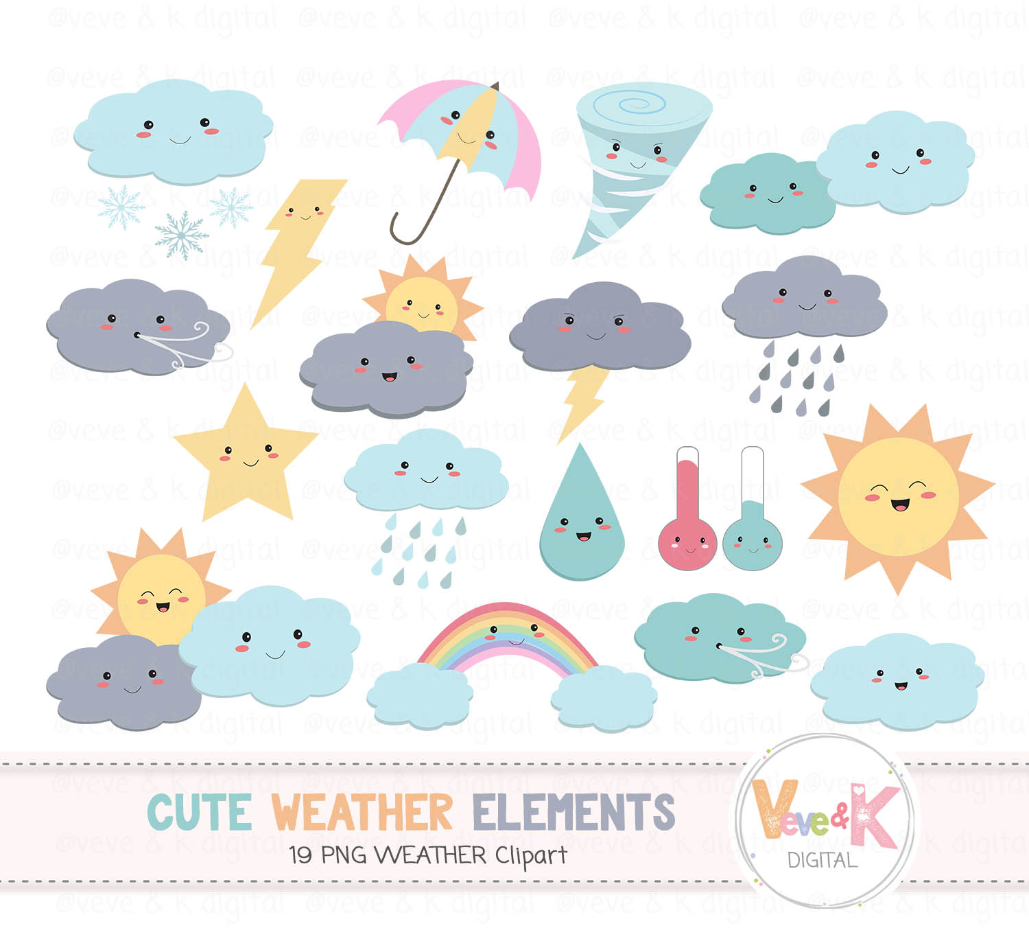Weather Clipart, Cute Weather Clipart, Kawaii Weather Clipart, Rainbow  Clipart, Rain, Rainbow, Weather Icons, Weather Graphics, Rain, Sun.