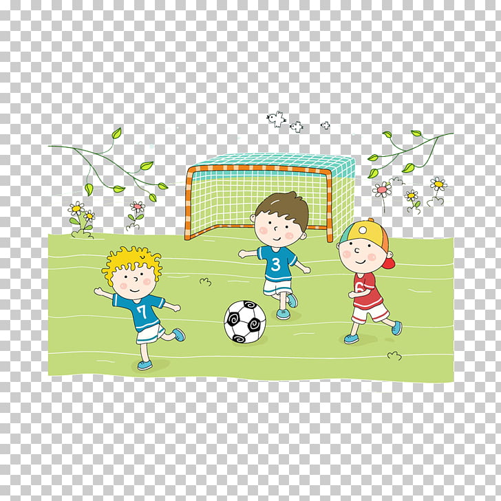 Child Football Cartoon Sport, Play football kids, three boy.