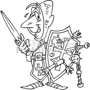 cartoon knight in shining armor in black and white clipart. Royalty.