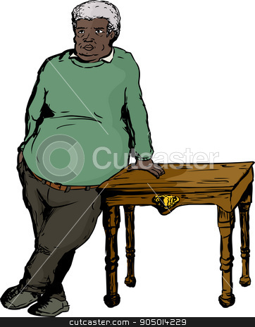 Mature Man in Green Leaning on Table stock vector.