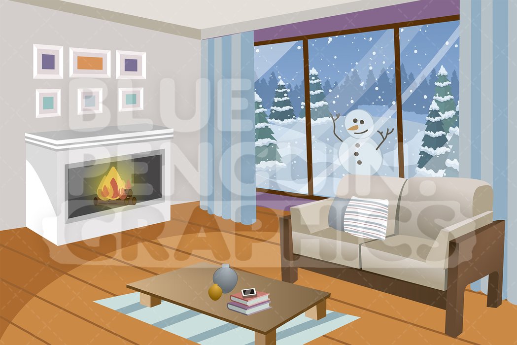 Fireplace in Living Room with Snow Outside Graphic Background Clipart.
