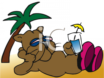 Clipart of a Lounging Cat With a Tropical Drink.