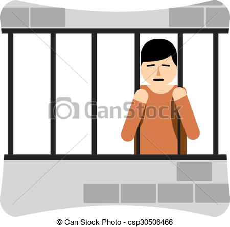 Clip Art Vector of Sad Young Man in Jail. illustration of a jailed.