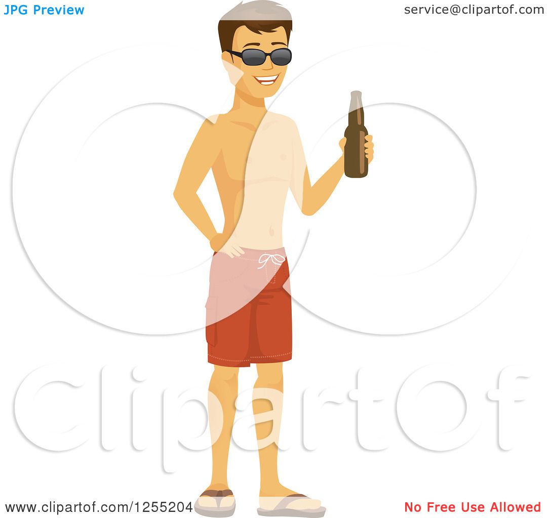 Clipart of a Happy Caucasian Summer Man in Swim Trunks and.