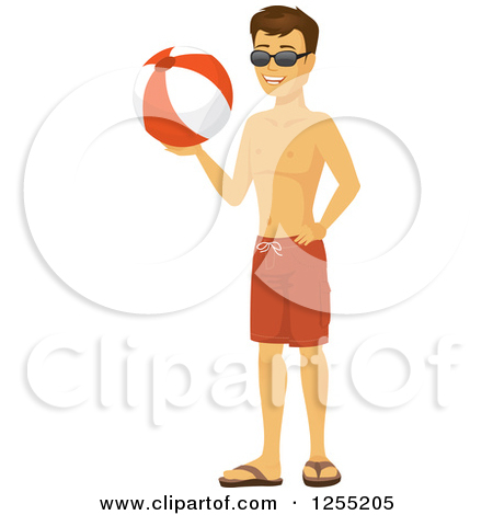 Clipart Muscular White Man In Swim Trunks Holding A Towel.