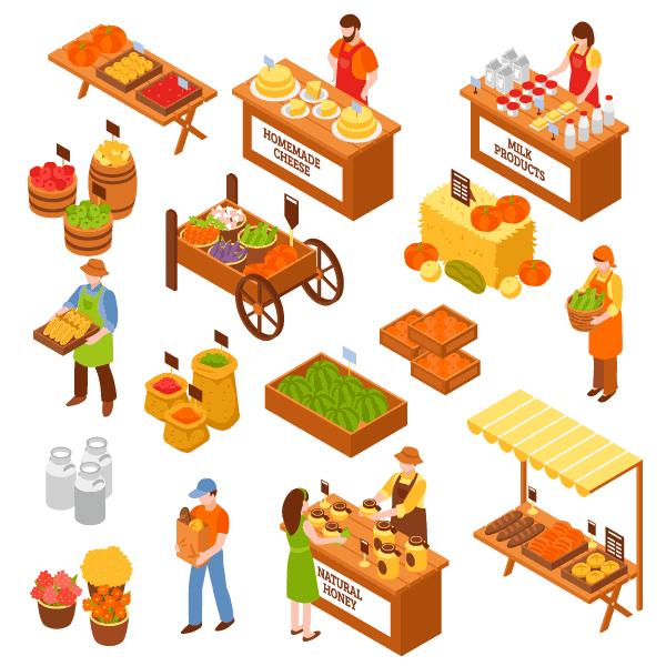 Farmers marketplace isometric free vector clipart.