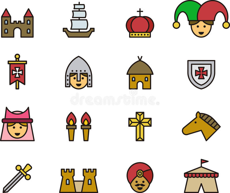 Colorful Set Of Icons Relating To Medieval Times And The Middl.