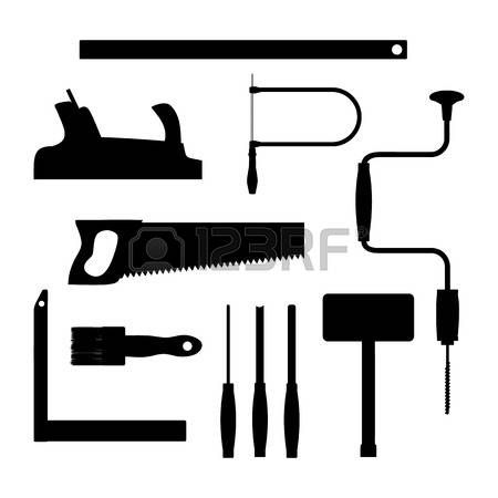 menuisier: Carpenter tools sur fond blanc. Noir silhouette.