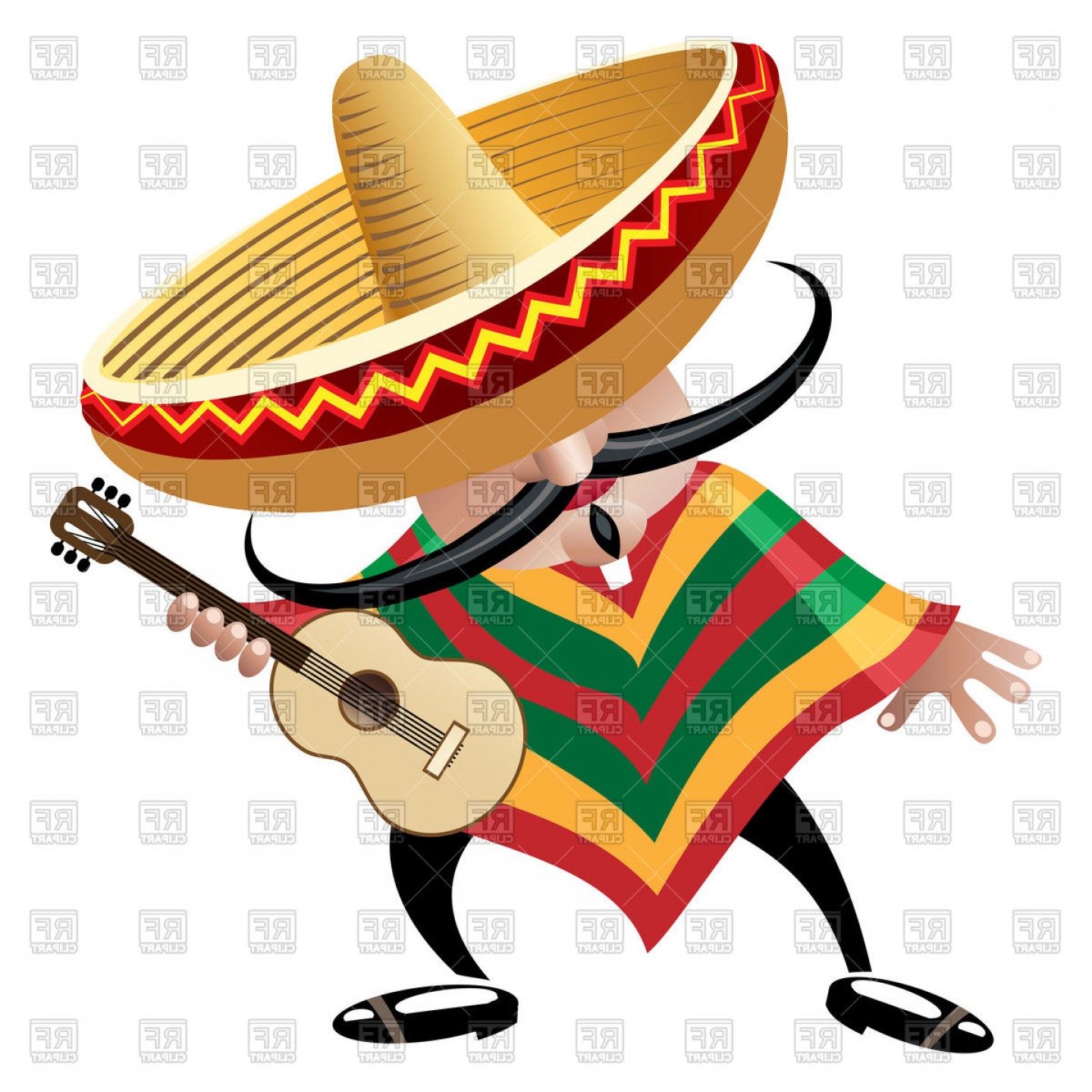Cartoon Mexican Musician In Sombrero With Guitar Vector Clipart.