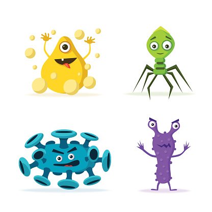 Set of bacteria characters. Cartoon vector illustration.