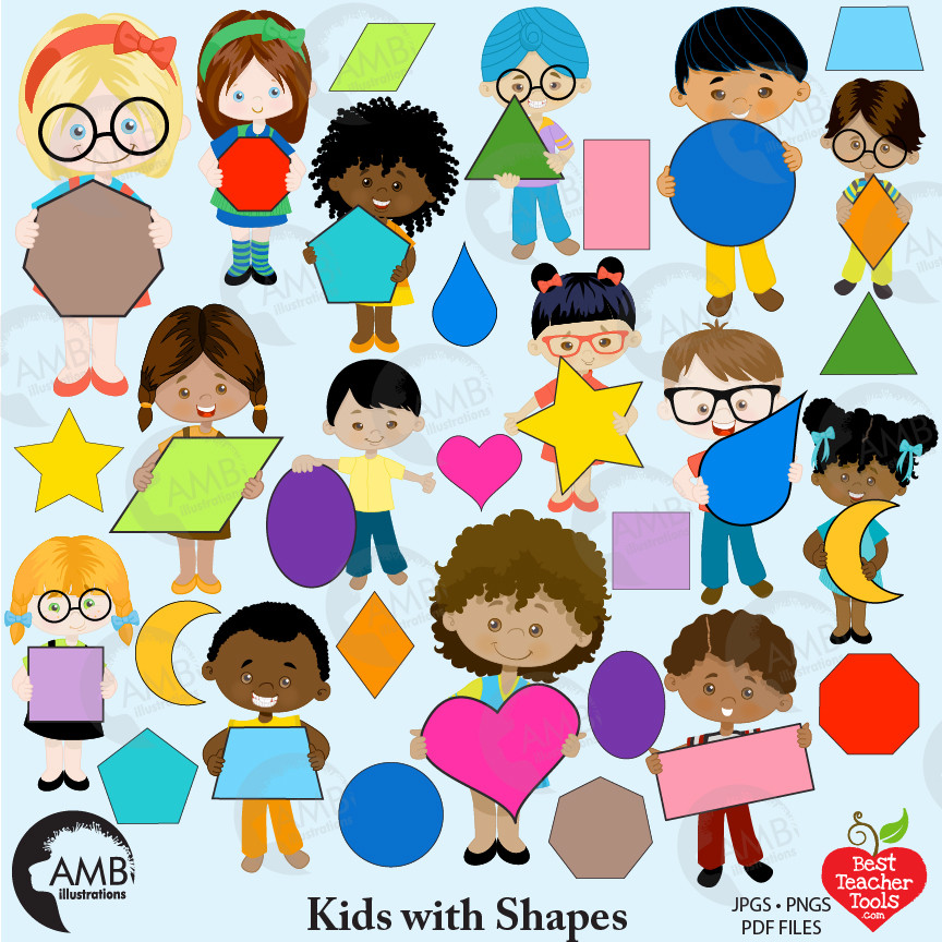 Classroom Clipart, Multicultural Kids Clipart with Geometric Shapes,  AMB.